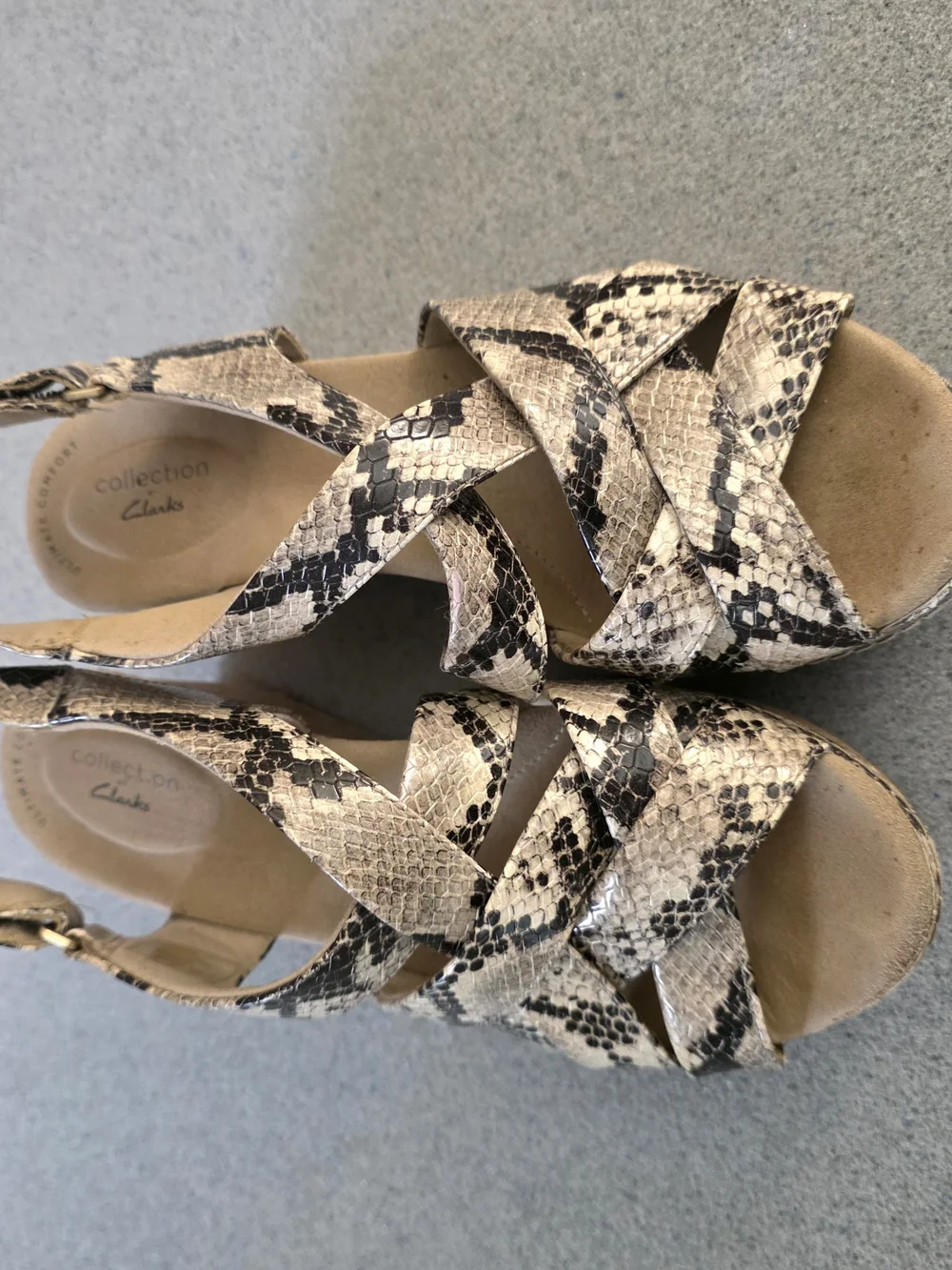 Clarks Women’s Snake-Print Cork Wedge Sandals in Beige